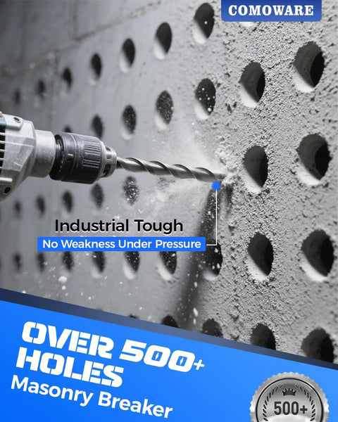 Drill creating holes in concrete wall showcasing Rotary Hammer Drill Bits Set and Chisels SDS Plus for Concrete and Masonry Holes.