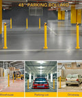 Four Pack 48 Inch Yellow Safety Bollards Heavy Duty Steel Vehicle Guard Posts With Anchor Kit in parking lot for vehicle protection.