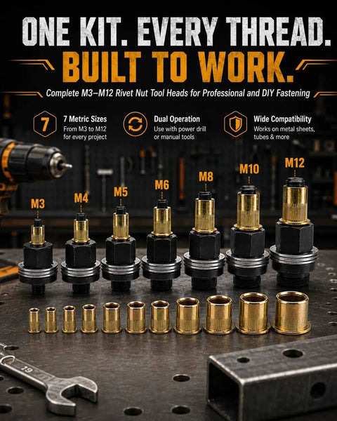 Heavy Duty Carbon Steel Riv Nut Tool Kit For M3-M12 Fastening With Drill Adapter And Mandrels For Industrial Use Or Cool DIY Projects That Are Built To Last Through High Torque Jobs Without Stripping Threads. M3-M12 mandrels and riv nuts shown