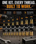 Heavy Duty Carbon Steel Head Rivet Nut Tool Kit With Seven Tough Mandrels Covering M3 Through M12 Sizes, various mandrels and threaded inserts displayed on workbench.