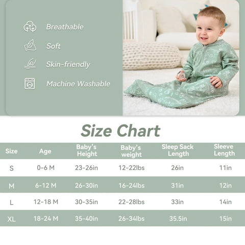 Cozy Cotton Baby Sleep Sack 6 To 12 Months 0.5 Tog Long Sleeve Wearable Blanket With Mittens 2 Pack, child in green dinosaur design