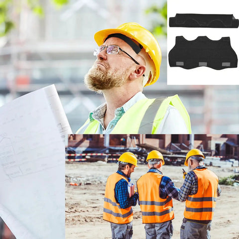 Construction worker wearing hard hat with Hard Hat And Welding Helmet Sweatbands Set Of 10, Reusable Cotton Liner Pads for moisture control.