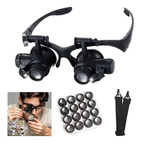Head Mounted Magnifier With LED Light And 8 Interchangeable Lenses 2.5x To 25x Pro Grade Loupe for electronics and jewelry work