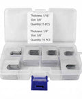 Pro Grade Auto Body Alignment Shim Kit Set in case, zinc plated steel shims, 1/16 and 1/8 inch thick, 3/8 inch slot, 30 pieces