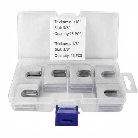 Pro Grade Auto Body Alignment Shim Kit Set in case, zinc plated steel shims, 1/16 and 1/8 inch thick, 3/8 inch slot, 30 pieces