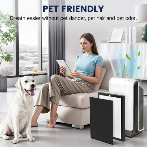 Woman and dog with Replacement Filter Set For VEVA 9000 Air Purifiers With 2 Pack HEPA Filters and 8 Activated Carbon Pre Filters
