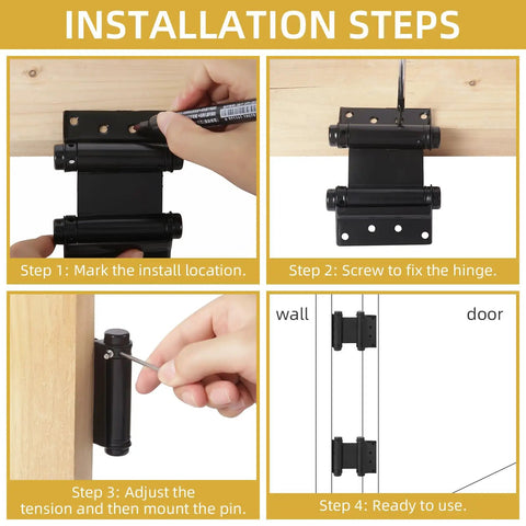 Installation steps for 3 Inch Double Action Spring Hinges 4 Pack Matte Black Stainless Steel for swinging doors.