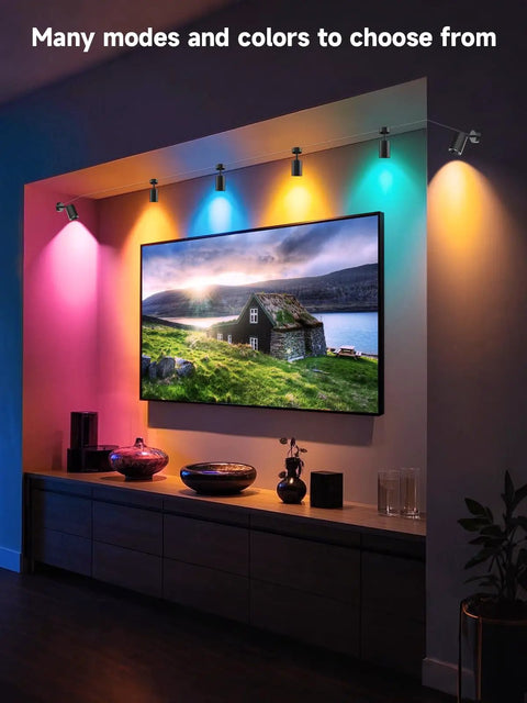 RGB LED Indoor Spot Lights with color changing, app and remote control, illuminating a living room with vibrant colors