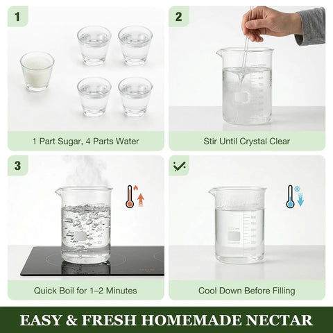 Step-by-step guide on making homemade nectar by combining sugar and water, heating to boil, and cooling before use.