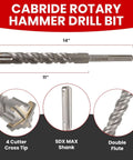 Torxero SDS MAX masonry drill bit set, 14 in long, 1/2 to 1-1/2 in diameter, 4-cutter cross tip