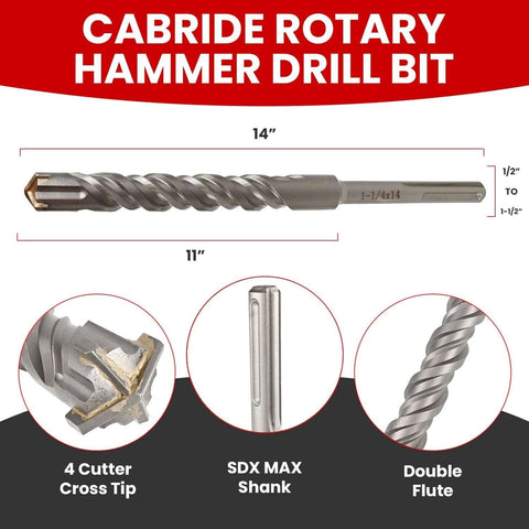 Torxero SDS MAX masonry drill bit set, 14 in long, 1/2 to 1-1/2 in diameter, 4-cutter cross tip