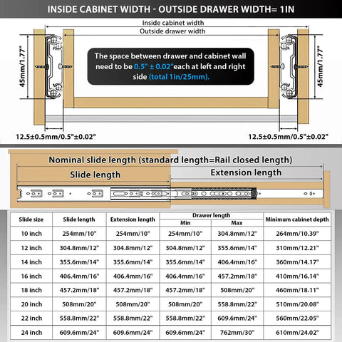 Diagram of Stainless Steel Drawer Slides With Ball Bearing, Full Extension Side Mount Cabinet Runners in installation guide