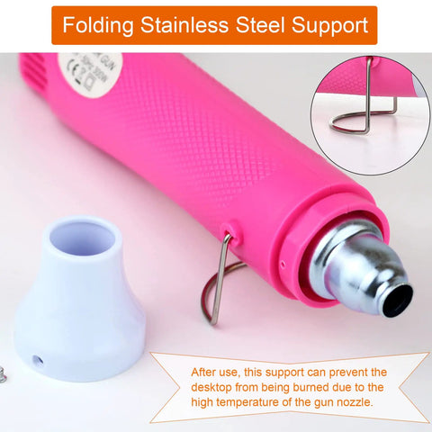 Portable 300W Hot Air Gun For DIY Resin Craft And Embossing All In One Shrink Wrap Cup Turner Resin Bubble Removal Dryer Pink Mini Handheld Tool With Stand showing folding stainless steel support