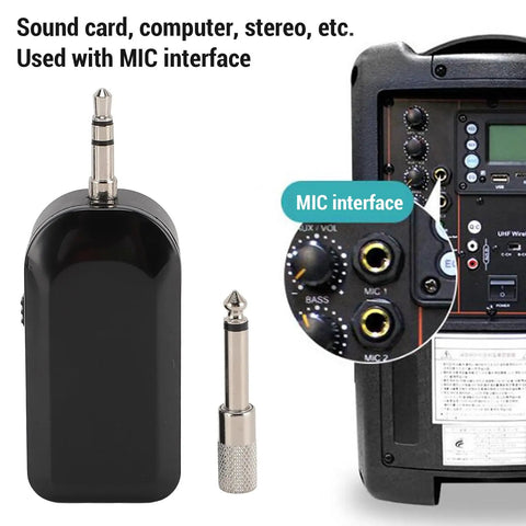 Back view of 2.4G Cordless Guitar Microphone System for Acoustic and Classical Guitars showing MIC interface and connector components.
