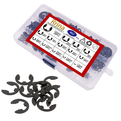 462 Piece Black Alloy Steel E Clip External Retaining Rings Kit With 14 Sizes From 1.2mm To 12mm Snap Circlip Set on display.