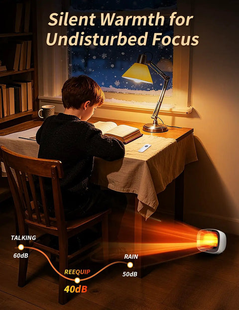 Boy reading at a desk with Compact 1200W Space Heater With Magnetic Remote Cranking Heat White Desk Friendly for Small Rooms