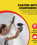Person using drill to attach drywall with black screws on wall, showcasing stability and easy installation, text overlay with features