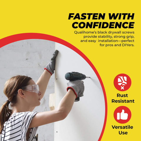 Person using drill to attach drywall with black screws on wall, showcasing stability and easy installation, text overlay with features