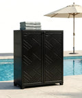 10 Cu Ft Outdoor Storage Cabinet With One Adjustable Shelf Waterproof UV Resistant Resin Keeps Garden Tools Shoes Pool Supplies Organized On Patio Balcony Or Backyard Ready Garage Or Garden Shed Easy Assembly next to a pool