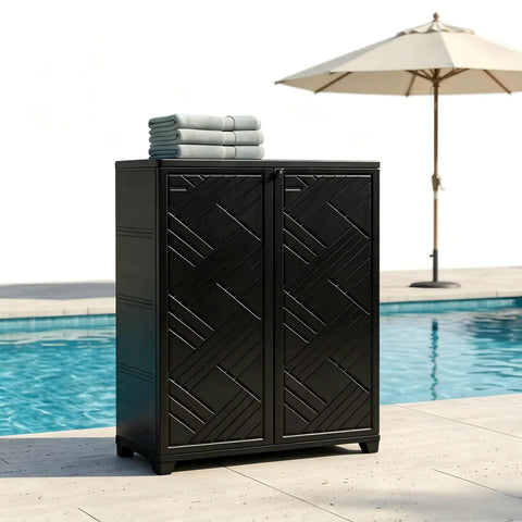 10 Cu Ft Outdoor Storage Cabinet With One Adjustable Shelf Waterproof UV Resistant Resin Keeps Garden Tools Shoes Pool Supplies Organized On Patio Balcony Or Backyard Ready Garage Or Garden Shed Easy Assembly next to a pool