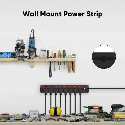 Wall-mounted Heavy Duty 8 Outlet Power Strip With Individual Switches, 1200 Joules Surge Protection, 6 Foot Cord, Black