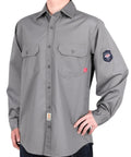Men Lightweight Flame Resistant Cotton Twill Work Shirt Water Repellent Oil Stain Proof Hardcore Industrial Workwear Built Tough For Welding Rig Job Sites in gray color with long sleeves and dual chest pockets.