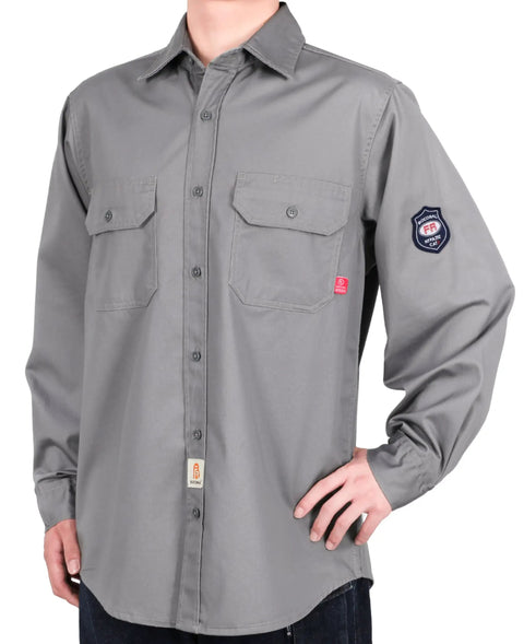 Men Lightweight Flame Resistant Cotton Twill Work Shirt Water Repellent Oil Stain Proof Hardcore Industrial Workwear Built Tough For Welding Rig Job Sites in gray color with long sleeves and dual chest pockets.