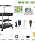 44 Pod Indoor Hydroponic Grow System With Dual 53W Full Spectrum LEDs showing included seed kits, nutrient solutions, and accessories.