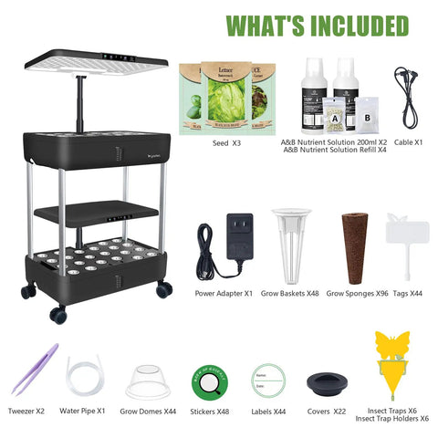 44 Pod Indoor Hydroponic Grow System With Dual 53W Full Spectrum LEDs showing included seed kits, nutrient solutions, and accessories.