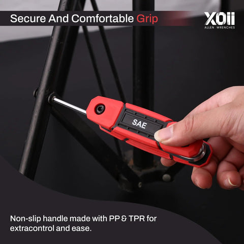 Person using 17 Piece Folding Allen Wrench Set With SAE And Hex Keys for tightening screw on black metal furniture.