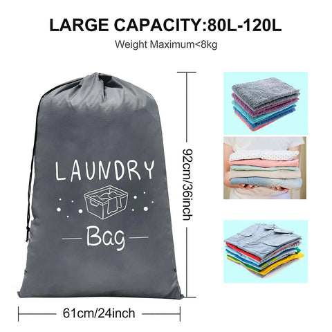 Two Pack Extra Large Travel Laundry Bags For Dirty Clothes, bag with text and folded clothes, 80-120L capacity, 24x36 inches