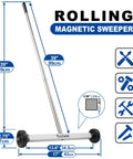 Must Have 17 Inch Rolling Magnetic Sweeper With Led Light And 8 Pound Telescopic Magnetic Pickup Tools, side view with dimensions