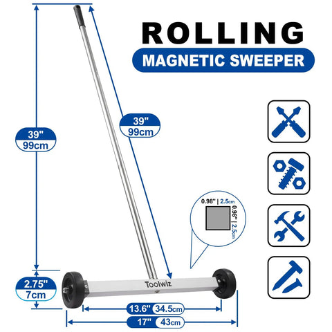 Must Have 17 Inch Rolling Magnetic Sweeper With Led Light And 8 Pound Telescopic Magnetic Pickup Tools, side view with dimensions