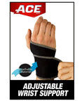 Person wearing adjustable compression wrist support brace with moderate joint relief for weak sore or injured wrists, breathable material