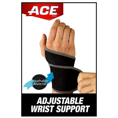 Person wearing adjustable compression wrist support brace with moderate joint relief for weak sore or injured wrists, breathable material
