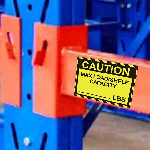 Pro Grade Pallet Rack Capacity Labels 3X4 Inch Maximum Load Warning Stickers 25 Pack on a blue and orange shelving unit.