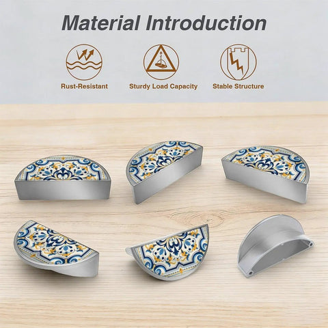 Ornate Baroque Tile Cabinet Handles Set For Kitchen And Bath displayed in semicircle shape, brushed nickel finish, Talavera design