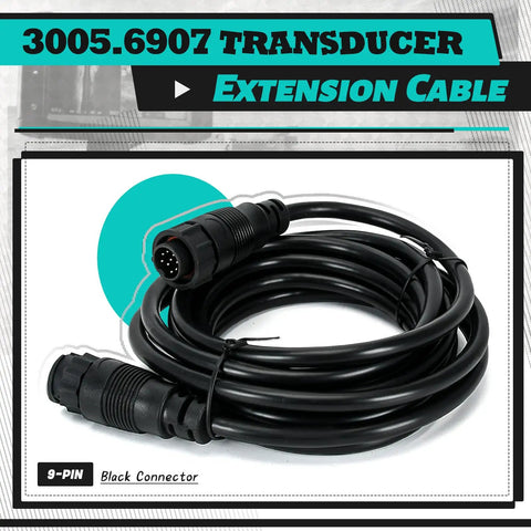 Top Shelf Beefy 10 Ft 9 Pin Transducer Extension Cord Marine Grade waterproof black cable with connectors.