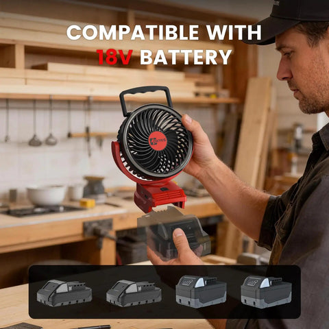 Person holding Cordless 5 Inch Jobsite Fan For Milwaukee 18V Battery with brushless motor and LED indicator in workshop