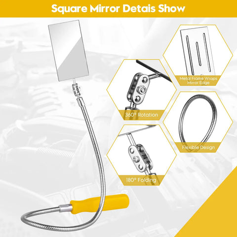 Telescoping Inspection Mirror Kit With 4 Replaceable Mirrors Flexible Extendable Reach 360 Degree Rotating Square Surface