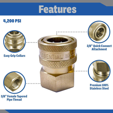 Brass 3/8 in female NPT quick-connect pressure washer coupler set of 2 with knurled grip