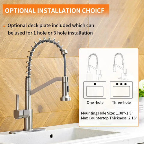 Brushed Nickel Kitchen Faucet With Pull Down Sprayer, Single Handle, Single Hole Mount For Farmhouse Sinks, RV, Utility Bar And Laundry Rooms, Includes Deck Plate, Easy DIY Install, No Plumber Needed, Durable shown with deck plate option