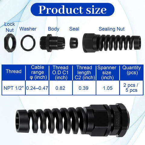 4 Pack NPT One Half Inch Waterproof Cable Glands For Six To Twelve Millimeter Cables, Adjustable Strain Relief Bushing, Nylon Body, Keeps Your Wiring Dry, Sealed And Protected Anywhere; exploded parts and size chart