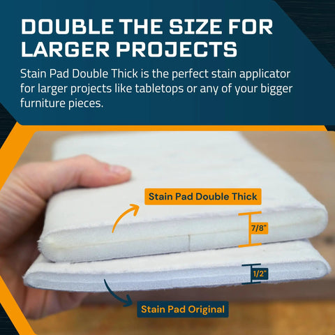 Slick Double Thick Stain Applicator Pad For Wood Finishes And Gel Coating with comparison of thickness in hand.