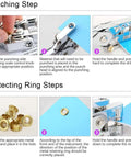 Step-by-step use of Heavy Duty Pro Grade Eyelet Pliers Kit With 3/16 Inch Grommets for leather and fabric installation.