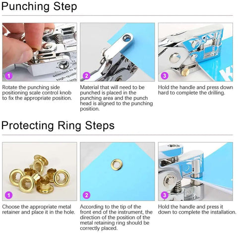 Step-by-step use of Heavy Duty Pro Grade Eyelet Pliers Kit With 3/16 Inch Grommets for leather and fabric installation.