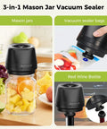 Upgraded 3-In-1 Electric Mason Jar Vacuum Sealer With Built In Converter For Regular And Wide Mouth Jars, Vacuum Bags, Containers, And Wine Bottles Efficient Kitchen Freshness Preservation Tool Black in use with mason jars, sealer bags, and red wine bottle.