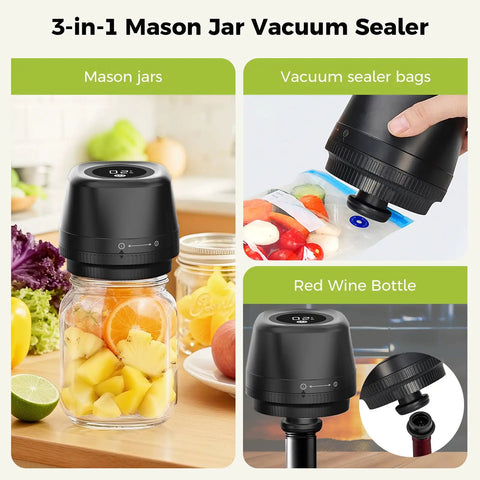 Upgraded 3-In-1 Electric Mason Jar Vacuum Sealer With Built In Converter For Regular And Wide Mouth Jars, Vacuum Bags, Containers, And Wine Bottles Efficient Kitchen Freshness Preservation Tool Black in use with mason jars, sealer bags, and red wine bottle.