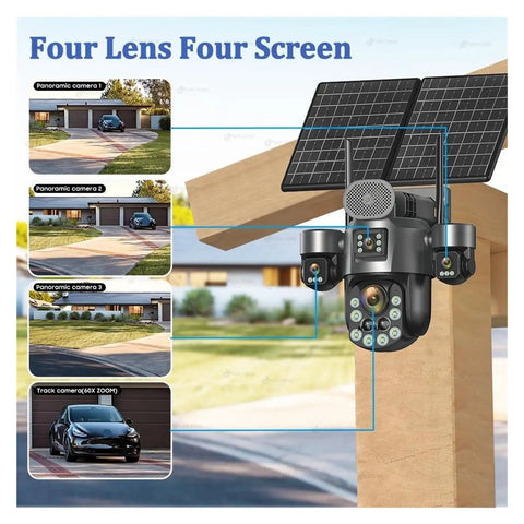 Heavy Duty 4G Solar PTZ Outdoor Security Camera delivering beastly panoramic coverage from multiple angles with solar panel.