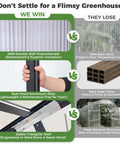 Comparison of 10 By 32 Ft Outdoor Greenhouse With Aluminum Frame, Polycarbonate Panels showing material and structural advantages